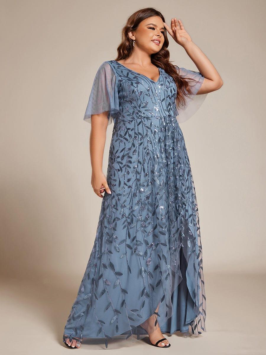 Plus Size V-Neck Sequined Evening Dresses with High Slit #color_Dusty Blue