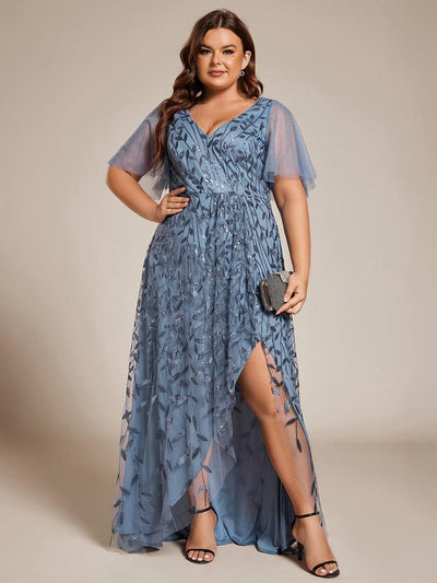 Plus Size V-Neck Sequined Evening Dresses with High Slit #color_Dusty Blue