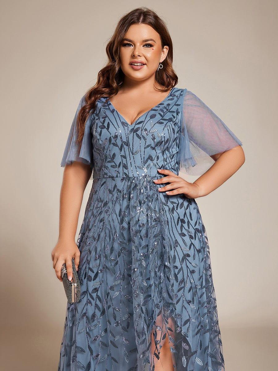Plus Size V-Neck Sequined Evening Dresses with High Slit #color_Dusty Blue