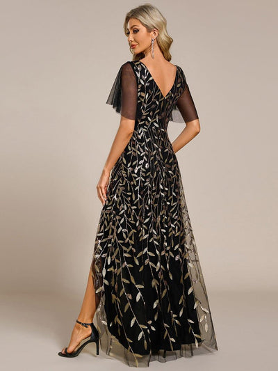 V-Neck Sequined Wedding Guest Dresses with High Slit #color_Black & Gold