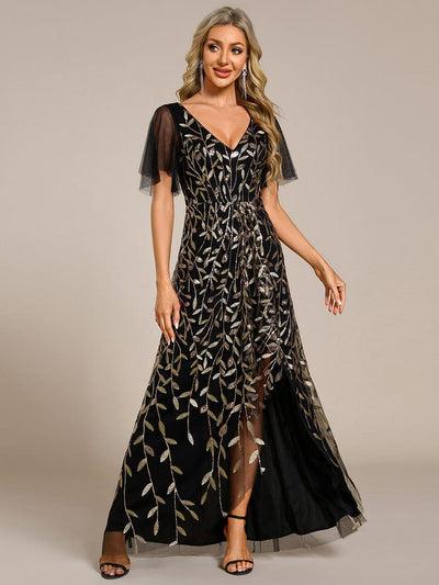 V-Neck Sequined Wedding Guest Dresses with High Slit #color_Black & Gold