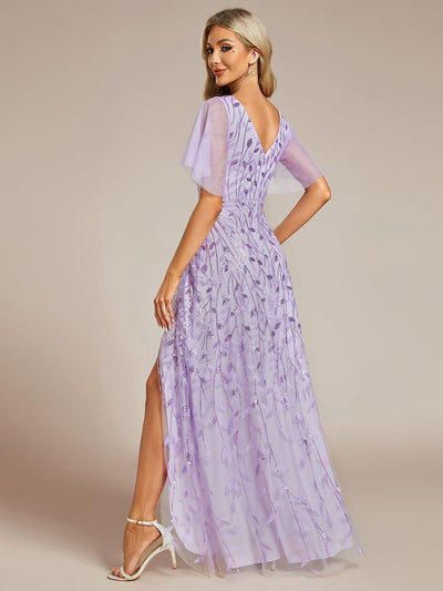 V-Neck Sequined Wedding Guest Dresses with High Slit #color_Lavender