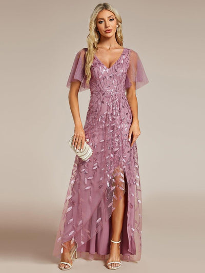 V-Neck Sequined Wedding Guest Dresses with High Slit #color_Purple Orchid