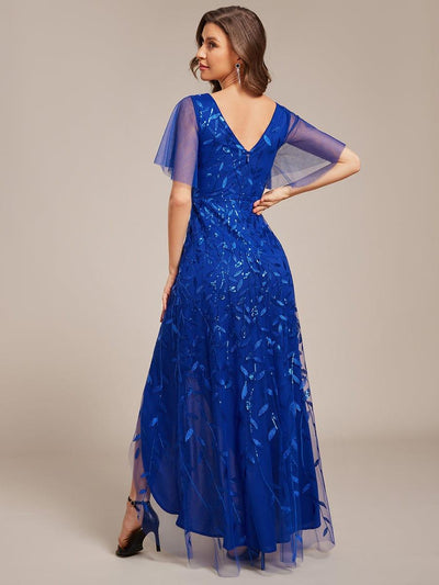 V-Neck Sequined Wedding Guest Dresses with High Slit #color_Sapphire Blue