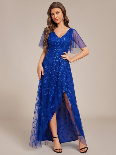 V-Neck Sequined Wedding Guest Dresses with High Slit #color_Sapphire Blue