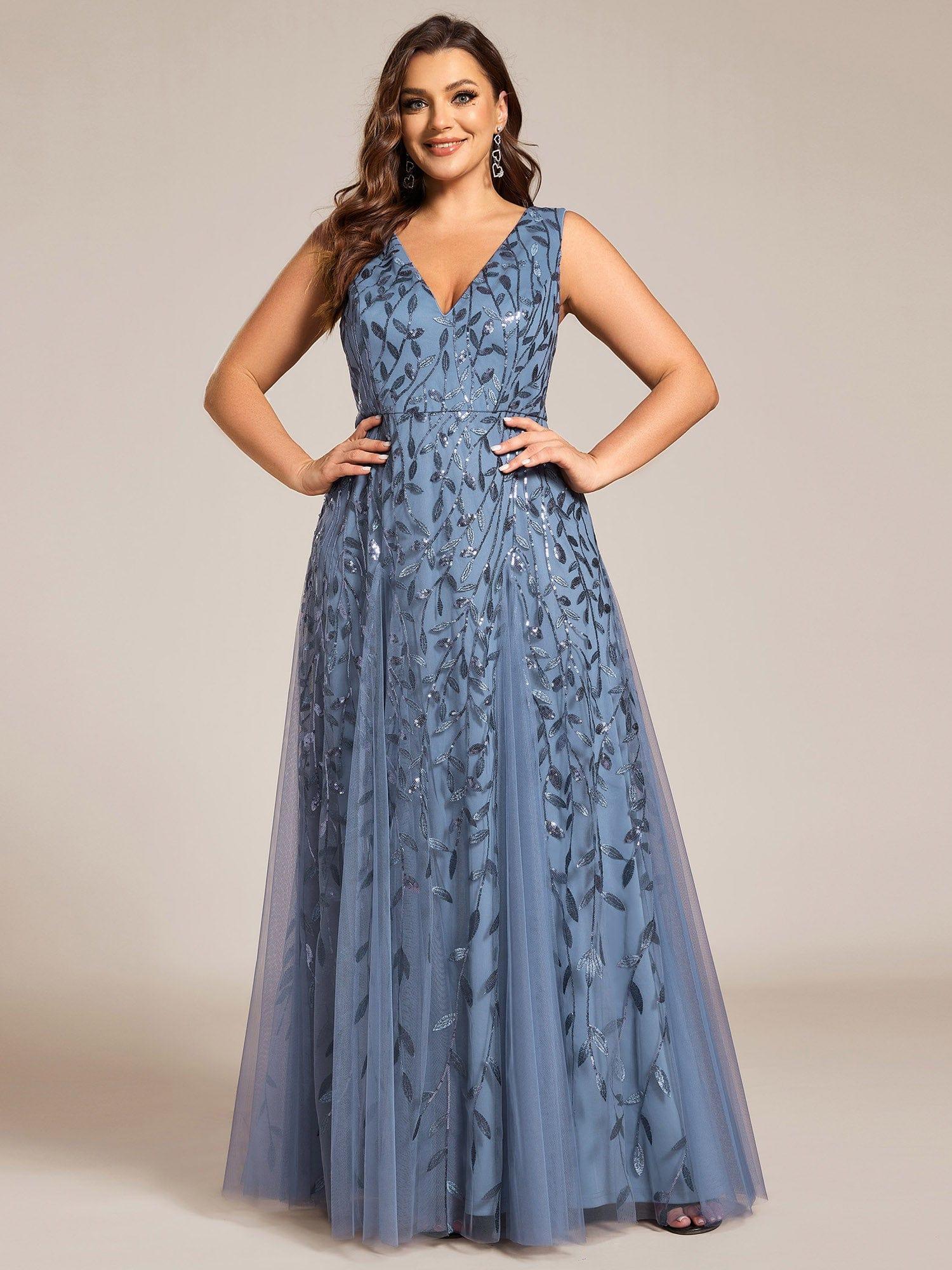 Plus Size Sleeveless V-Neck Sequined A-Line Evening Dresses #color_Dusty Blue