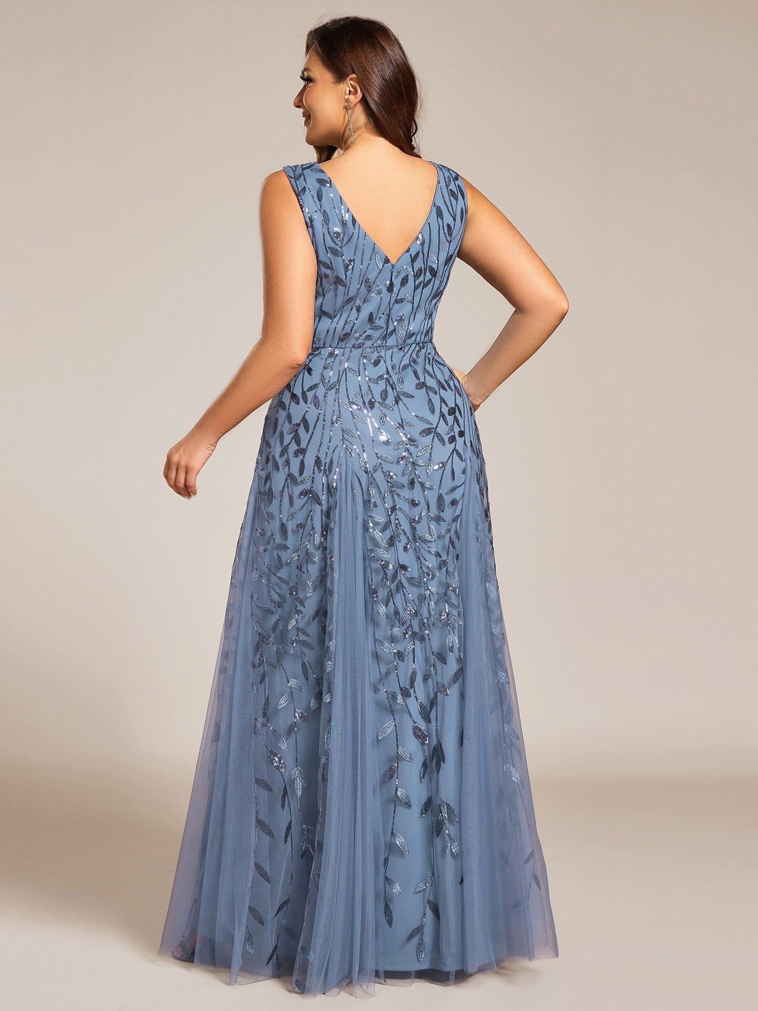 Plus Size Sleeveless V-Neck Sequined A-Line Evening Dresses #color_Dusty Blue