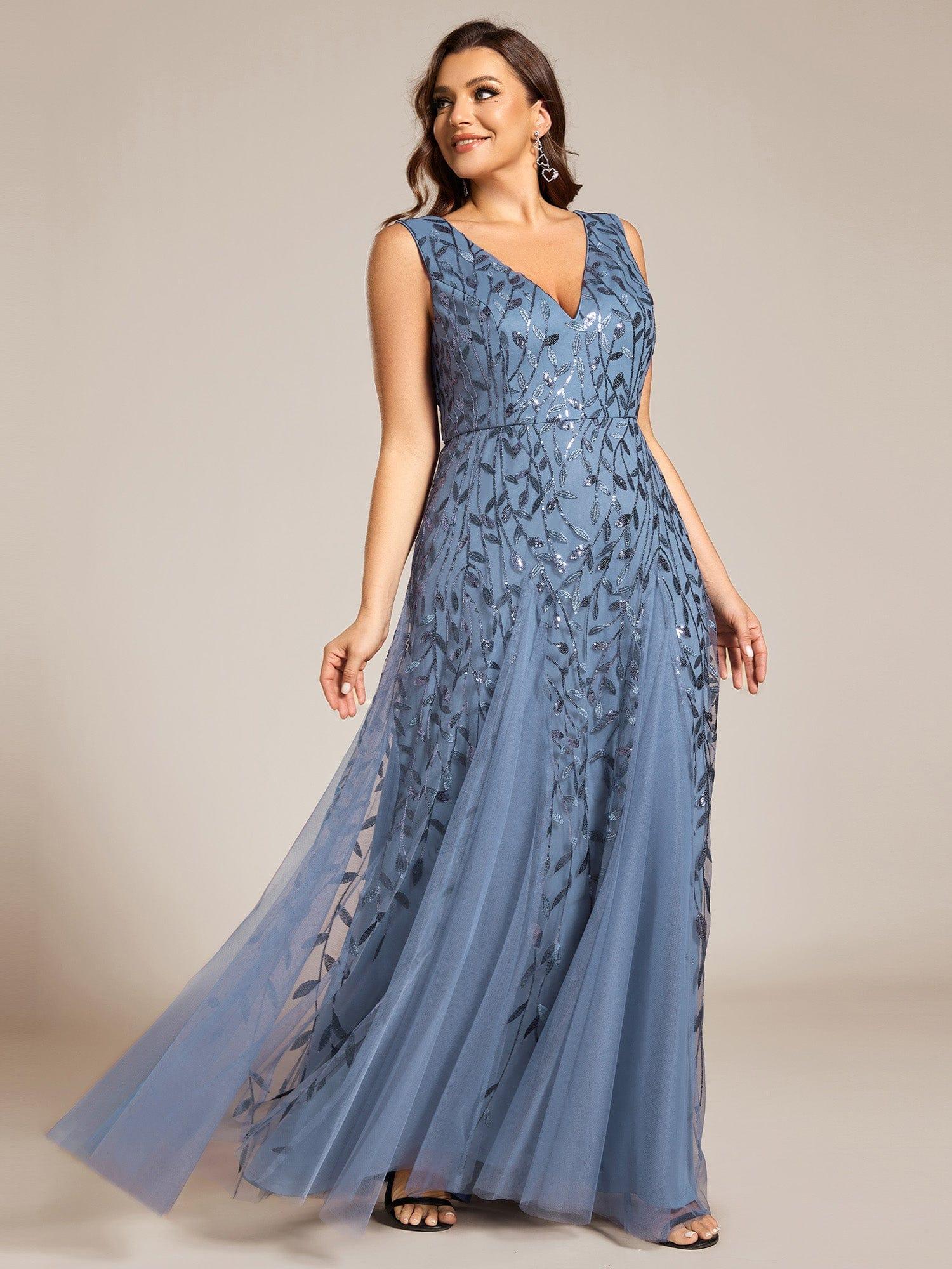 Plus Size Sleeveless V-Neck Sequined A-Line Evening Dresses #color_Dusty Blue