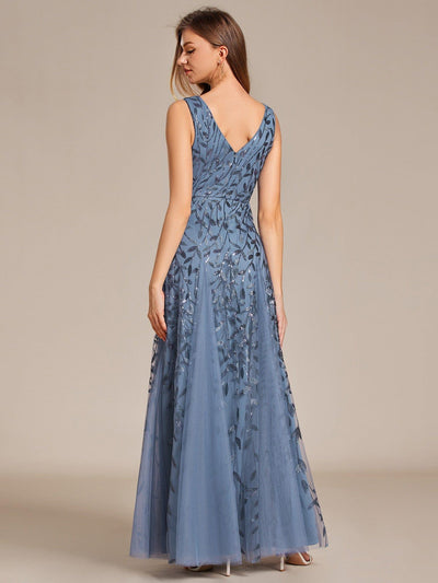 Sleeveless V-Neck Sequined A-Line Evening Dresses #color_Dusty Blue