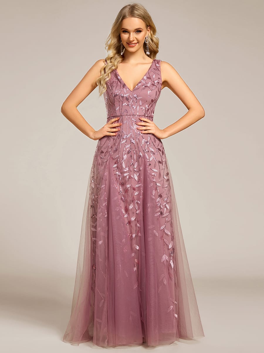 Sleeveless V-Neck Sequined A-Line Evening Dresses #color_Purple Orchid