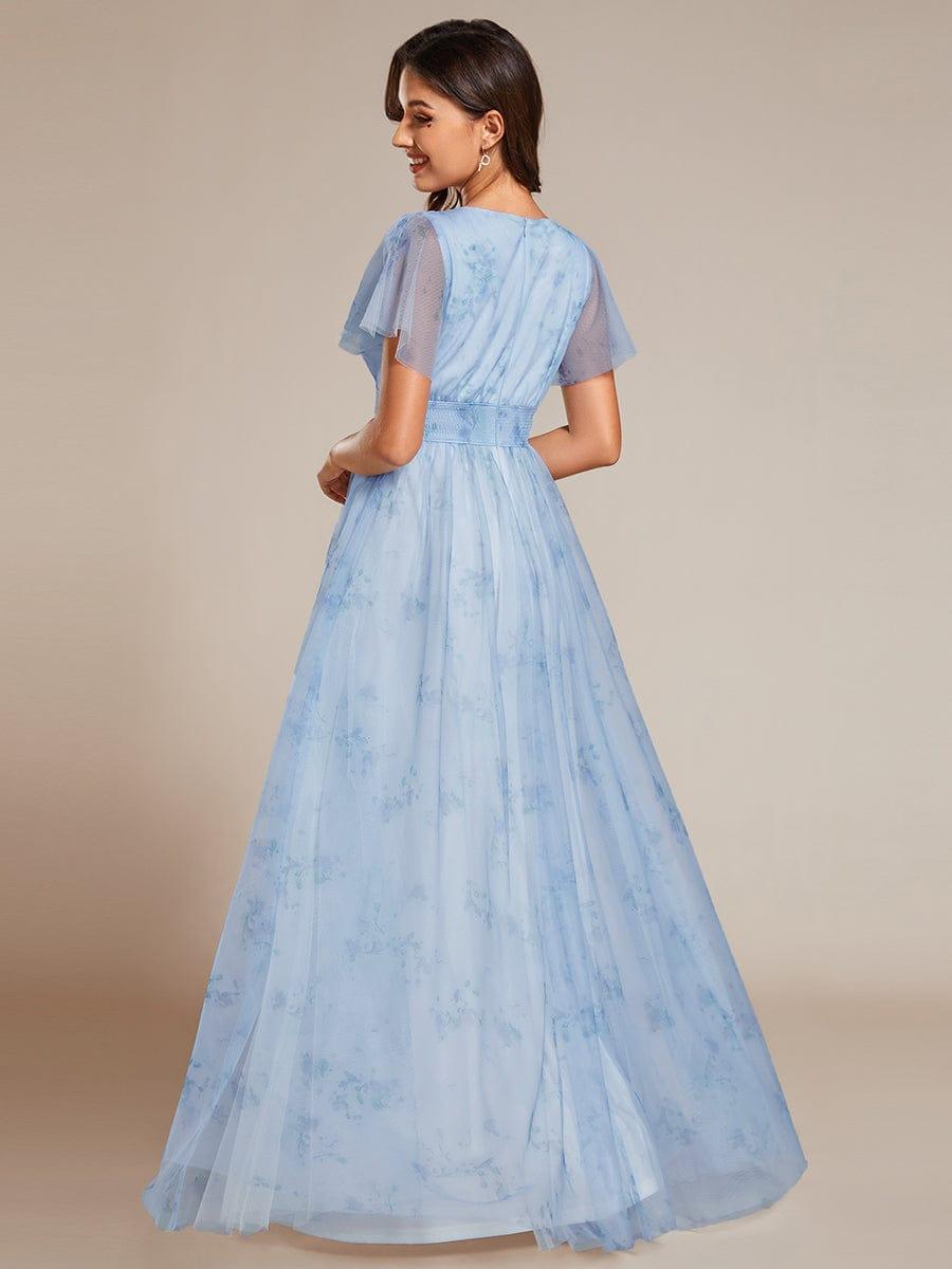 A-Line Floral Tulle V-Neck Evening Dress with Short Sleeve #color_Ice Blue