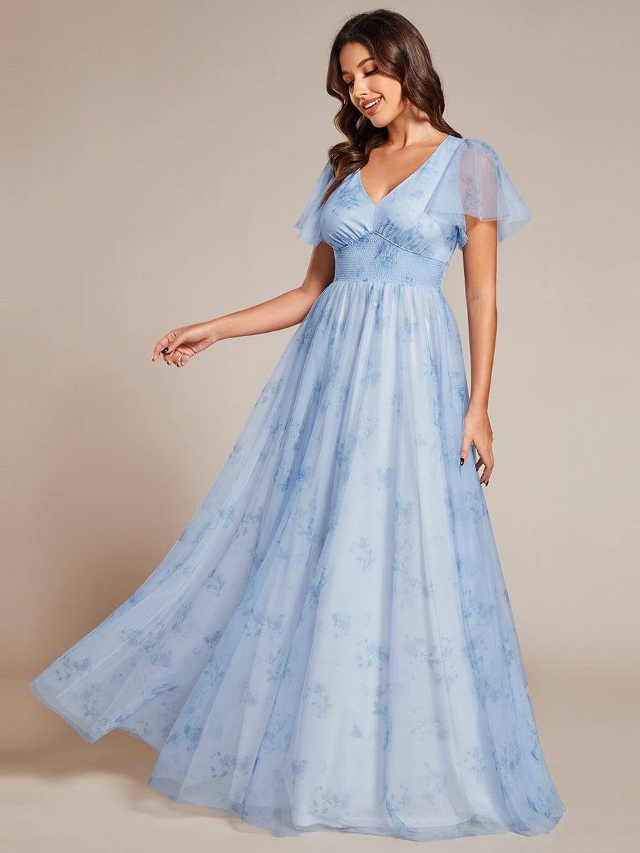 A-Line Floral Tulle V-Neck Evening Dress with Short Sleeve