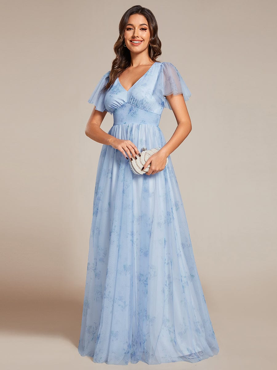 A-Line Floral Tulle V-Neck Evening Dress with Short Sleeve #color_Ice Blue