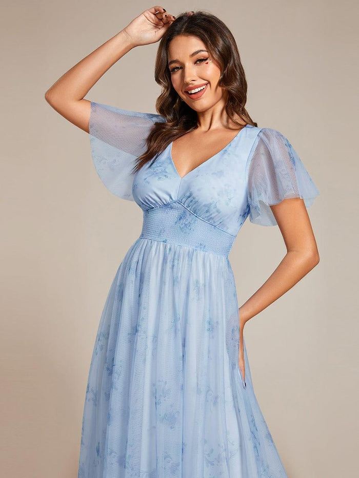 A-line Deep V Neck Tulle Evening Dress Y5931 main image 1