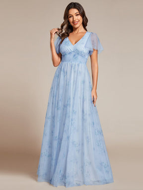 A-Line Floral Tulle V-Neck Evening Dress with Short Sleeve