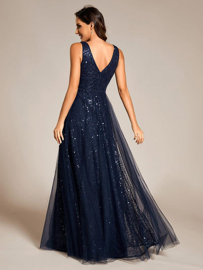Sequined V-Neck Sleeveless See-Through Tulle Evening Dress #color_Navy Blue