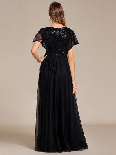 A-Line Short Sleeve Tulle Evening Dress with Sequin Embellishments #color_Black