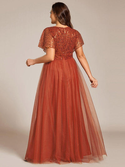 A-Line Short Sleeve Tulle Evening Dress with Sequin Embellishments #color_Burnt Orange
