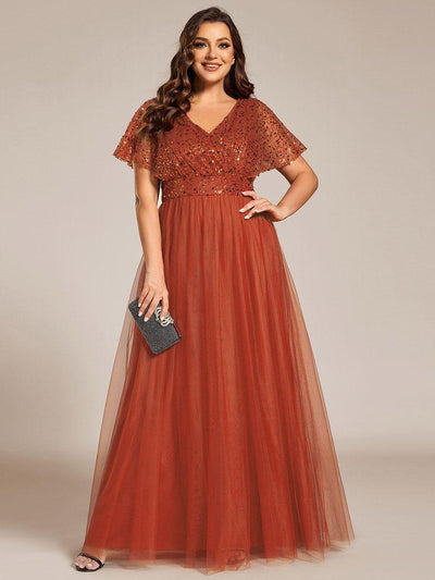 A-Line Short Sleeve Tulle Evening Dress with Sequin Embellishments #color_Burnt Orange