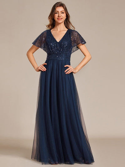 A-Line Short Sleeve Tulle Evening Dress with Sequin Embellishments #color_Navy Blue