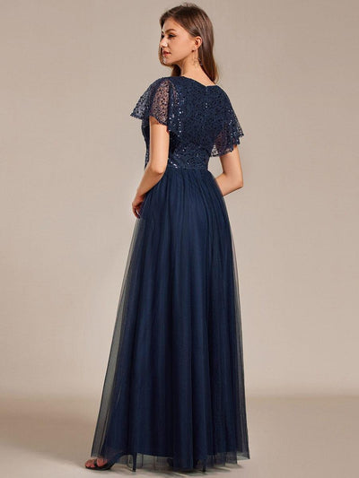 A-Line Short Sleeve Tulle Evening Dress with Sequin Embellishments #color_Navy Blue