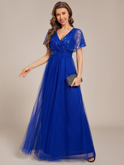 A-Line Short Sleeve Tulle Evening Dress with Sequin Embellishments #color_Sapphire Blue