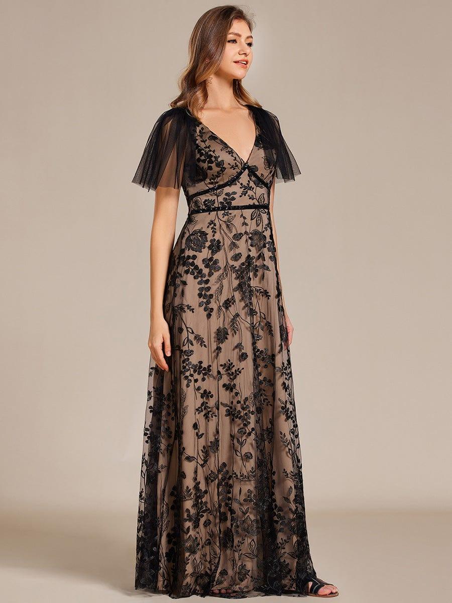 Flared Sleeve Embroidered Mesh Evening Maxi Dress #color_Black
