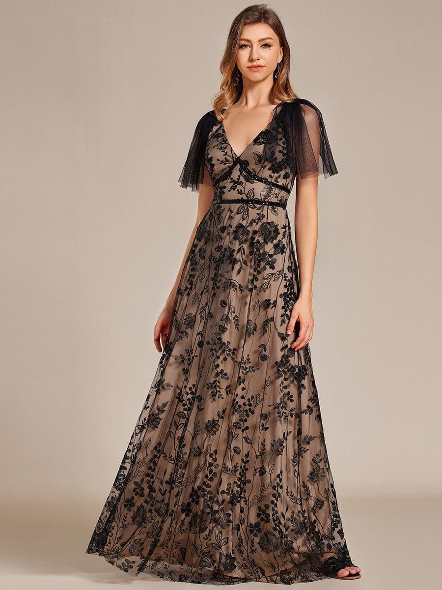 Flared Sleeve Embroidered Mesh Evening Maxi Dress #color_Black
