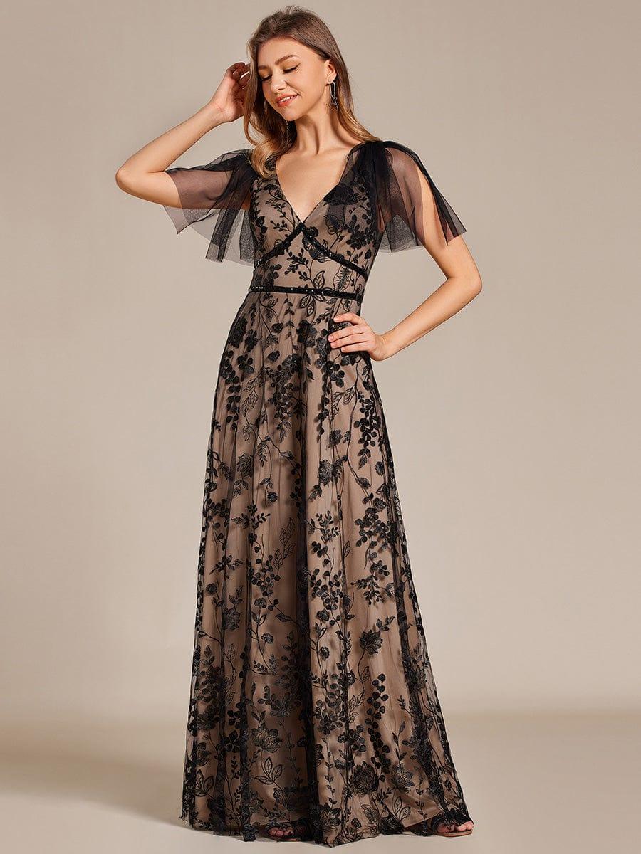 Embroidered Mesh Evening Maxi Dress with Flared Sleeves Ever