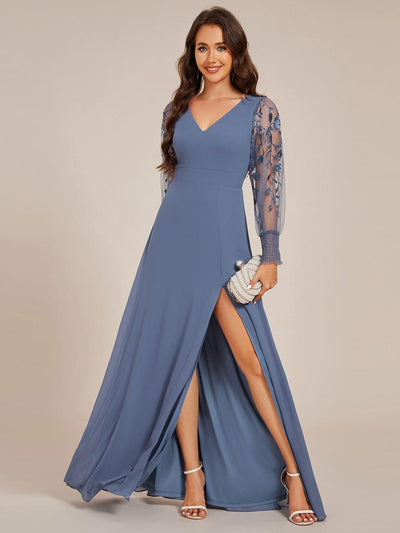 Thigh Split Chiffon Evening Maxi Dress With Sheer Embroidered Long Sleeves #color_Dusty Blue