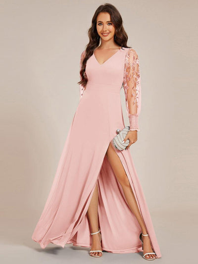 ever RYLEE|Thigh Split Chiffon Evening Maxi Dress With Sheer Embroidered Long Sleeves