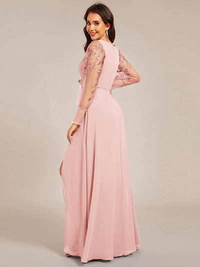 ever RYLEE|Thigh Split Chiffon Evening Maxi Dress With Sheer Embroidered Long Sleeves