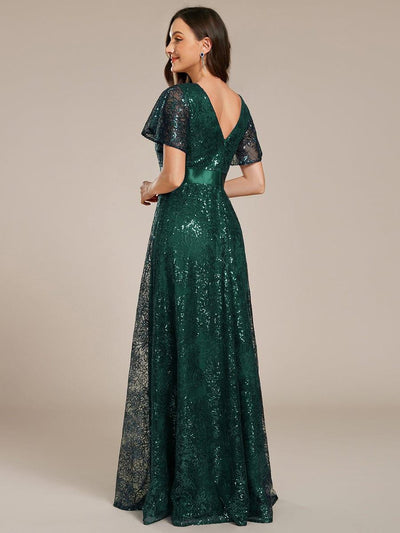Illusion V-neck Sequin Maxi Evening Dress #color_Dark Green