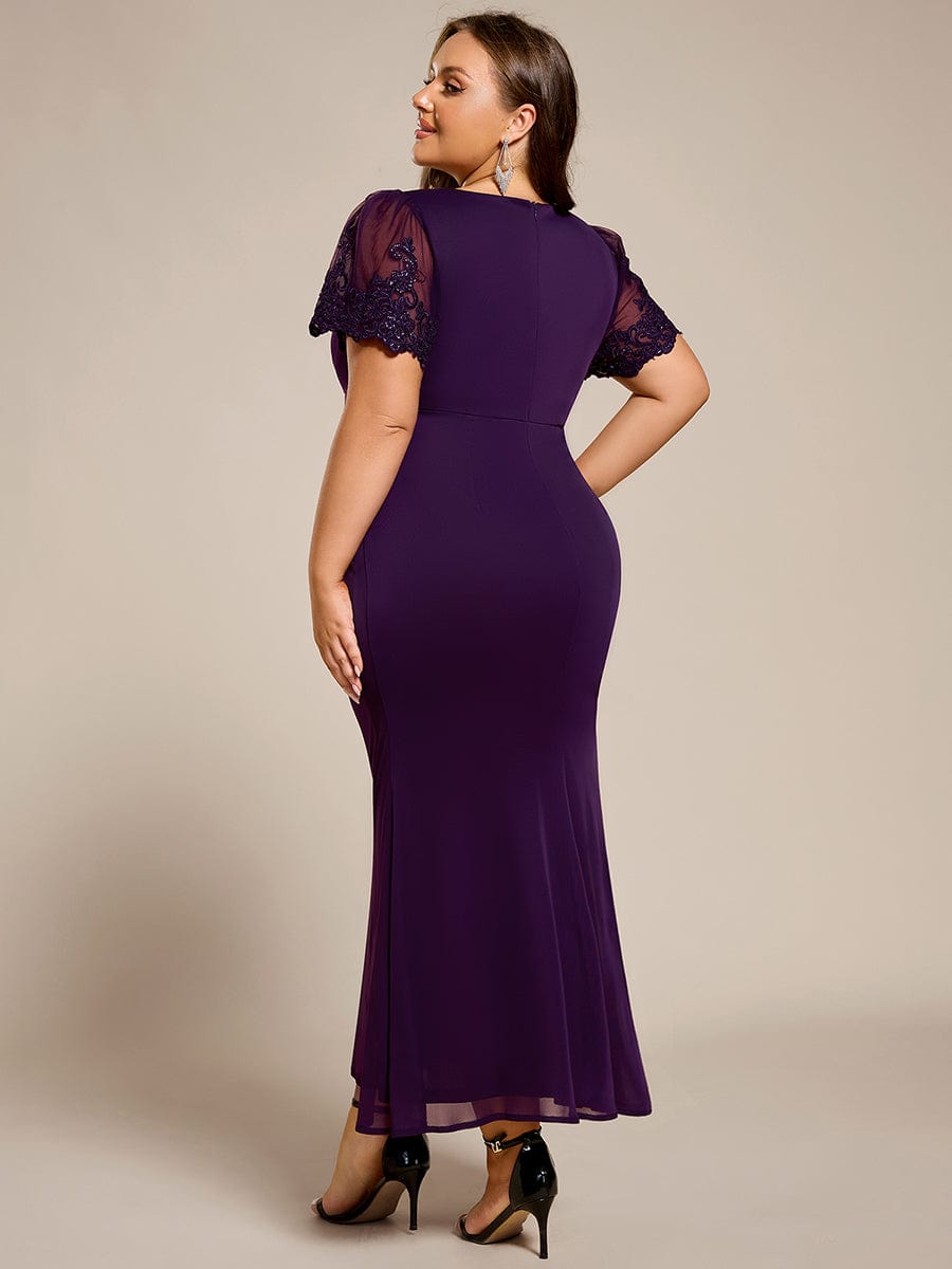 Plus Size Short Sleeve Ruffled Fishtail V-Neck Evening Dress #Couleur_Dark Purple