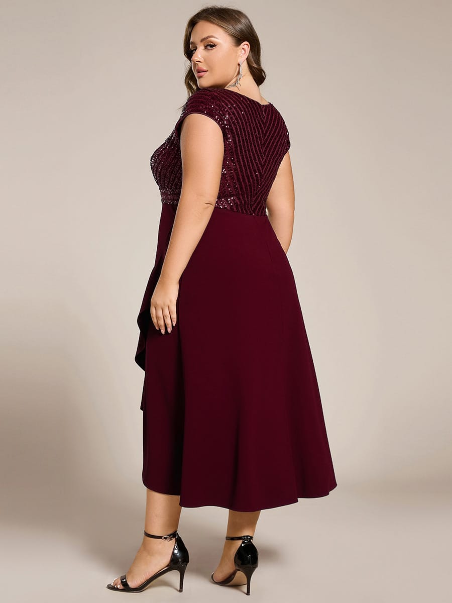 Short Sleeve Sequin Asymmetrical Chiffon Midi Evening Dress #color_Burgundy