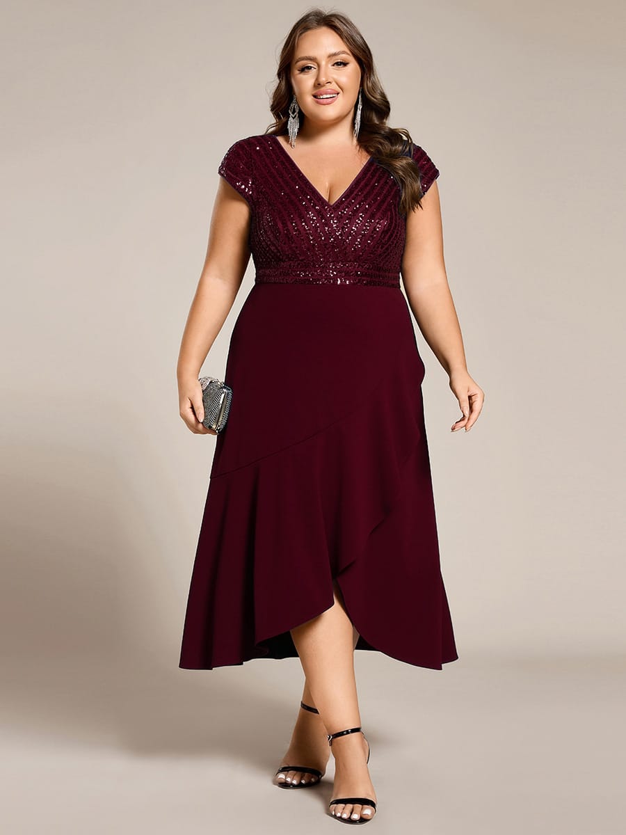 Short Sleeve Sequin Asymmetrical Chiffon Midi Evening Dress #color_Burgundy