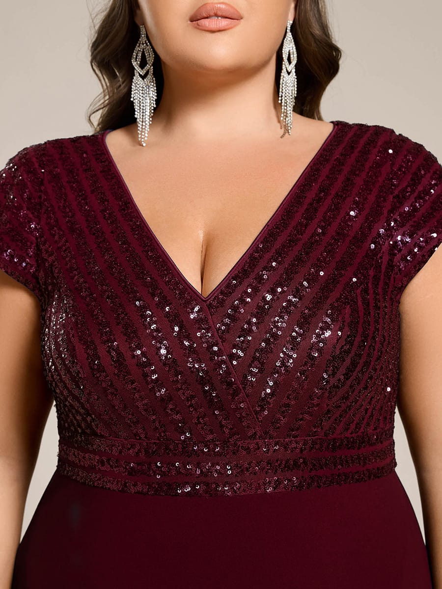 Short Sleeve Sequin Asymmetrical Chiffon Midi Evening Dress #color_Burgundy