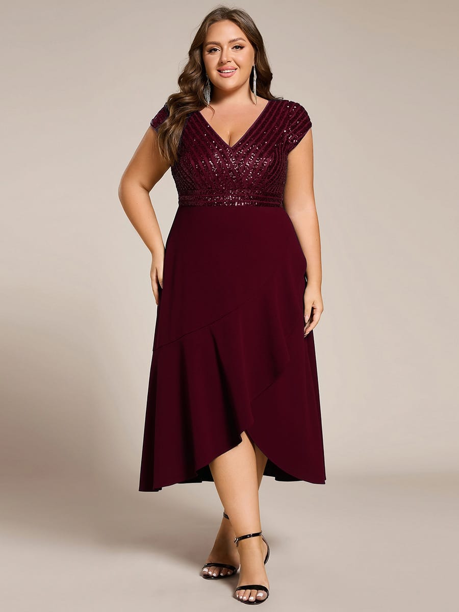 Short Sleeve Sequin Asymmetrical Chiffon Midi Evening Dress #color_Burgundy