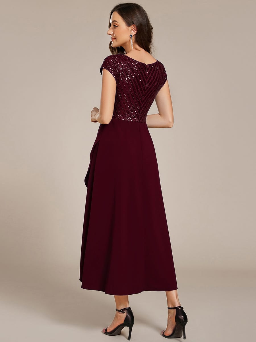Short Sleeve Sequin Asymmetrical Chiffon Midi Evening Dress #color_Burgundy