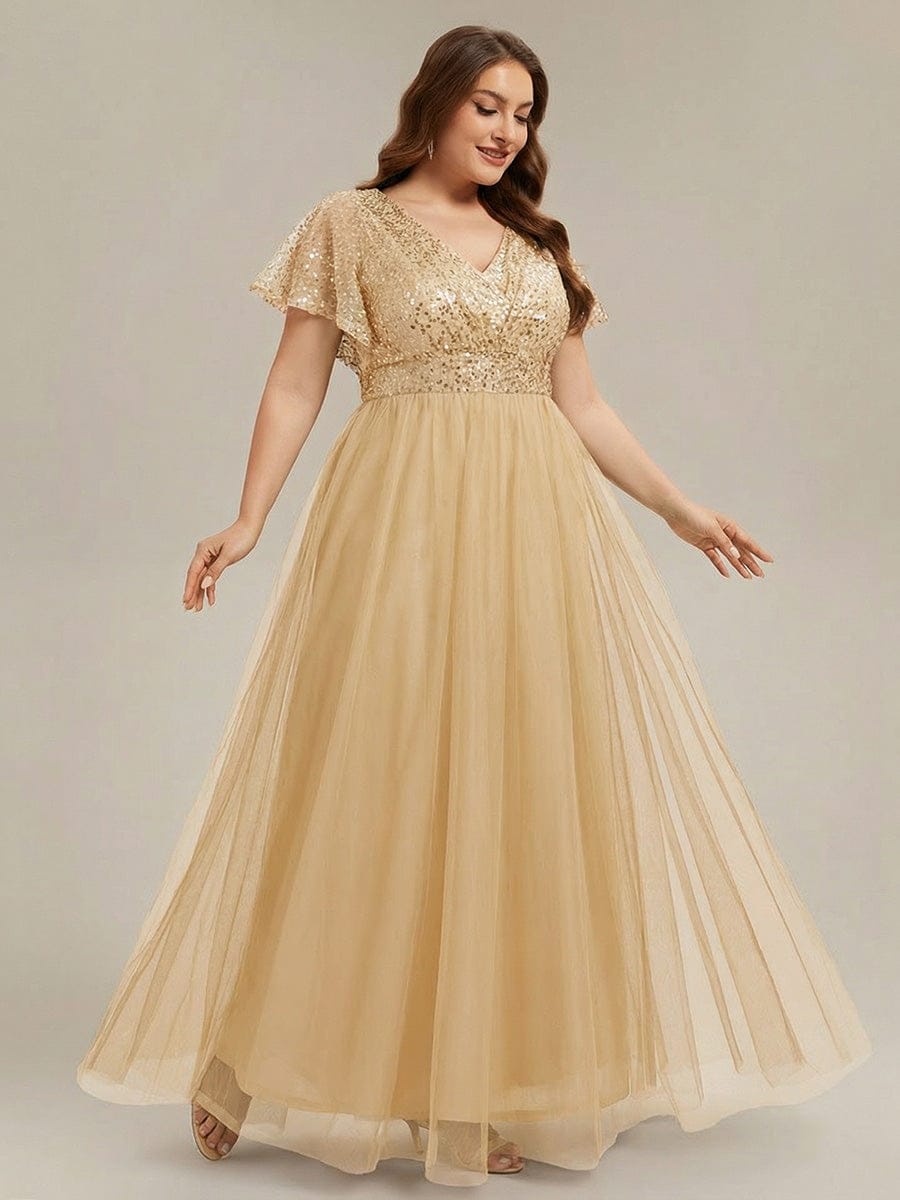 A-Line Short Sleeve Tulle Evening Dress with Sequin Embellishments #color_Gold