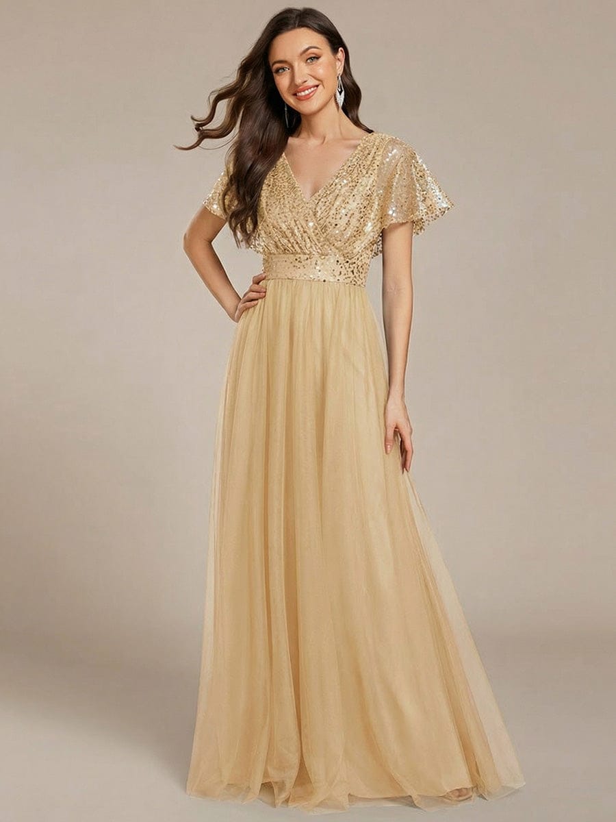 A-Line Short Sleeve Tulle Evening Dress with Sequin Embellishments #color_Gold