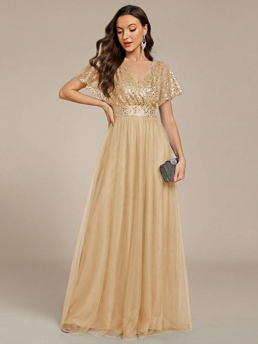 A-Line Short Sleeve Tulle Evening Dress with Sequin Embellishments #color_Gold