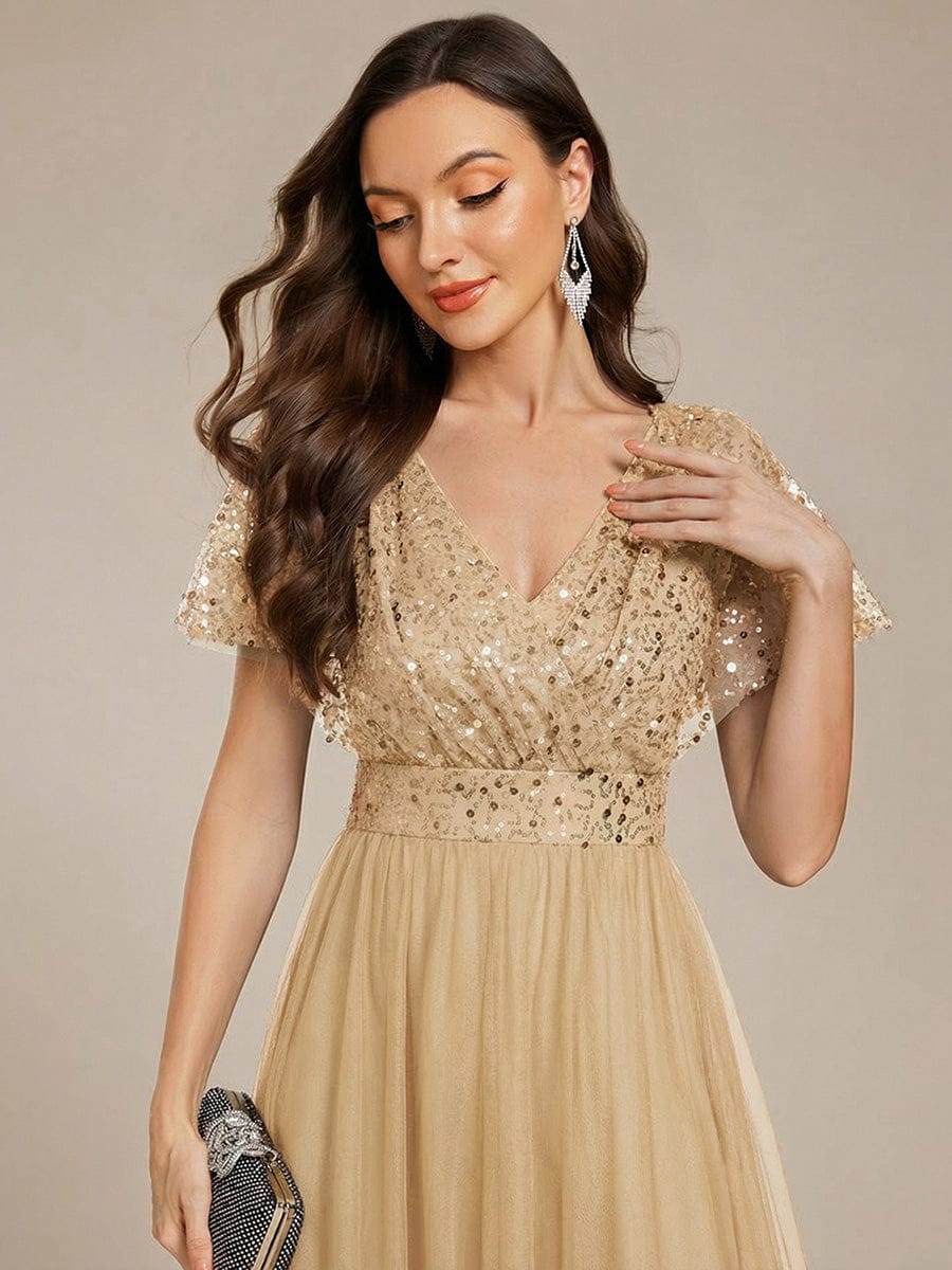 A-Line Short Sleeve Tulle Evening Dress with Sequin Embellishments #color_Gold