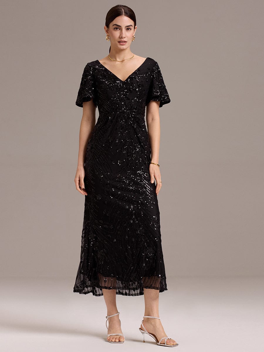 Sequin Ruffle Sleeve Evening Dress #color_Black