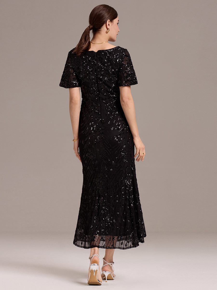 Sequin Ruffle Sleeve Evening Dress #color_Black