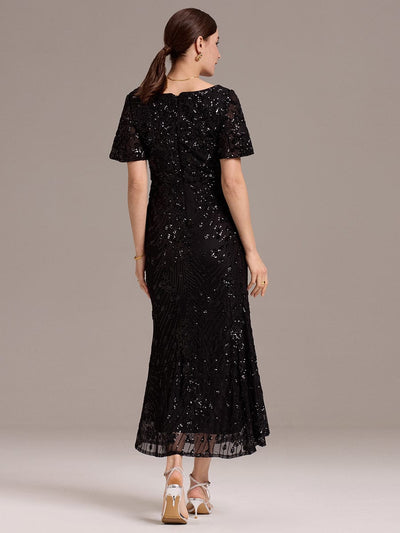Sequin Ruffle Sleeve Evening Dress #color_Black