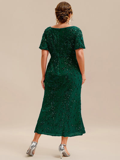 Sequin Ruffle Sleeve Evening Dress #color_Dark Green