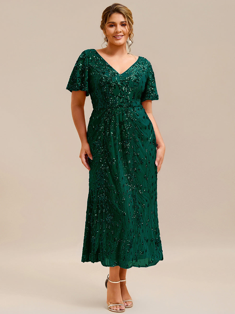Sequin Ruffle Sleeve Evening Dress #color_Dark Green