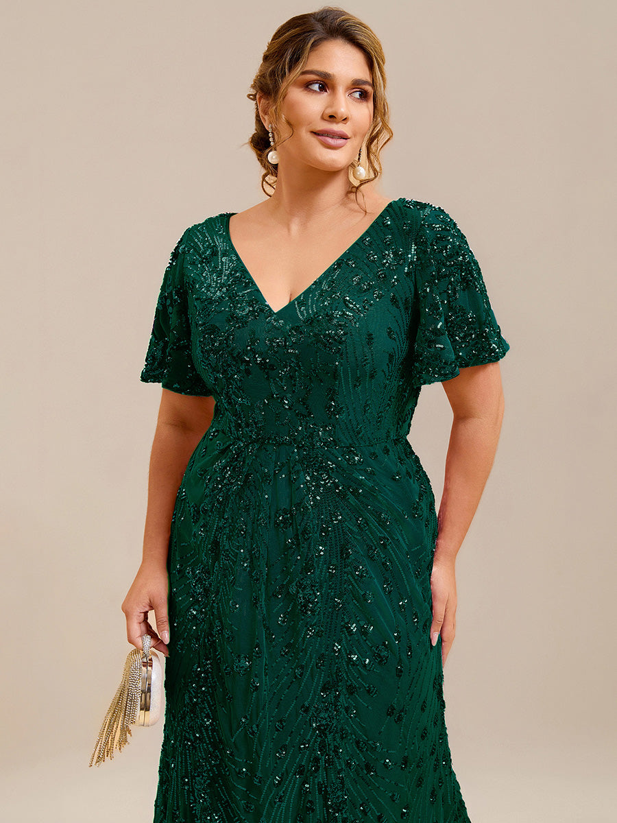 Sequin Ruffle Sleeve Evening Dress #color_Dark Green