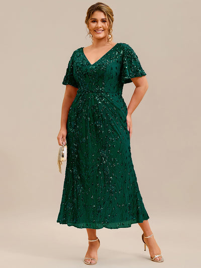 Sequin Ruffle Sleeve Evening Dress #color_Dark Green